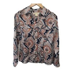 Michael Kors Women's Paisley-Esque Chic Long Sleeve Button Down Blouse Petite S